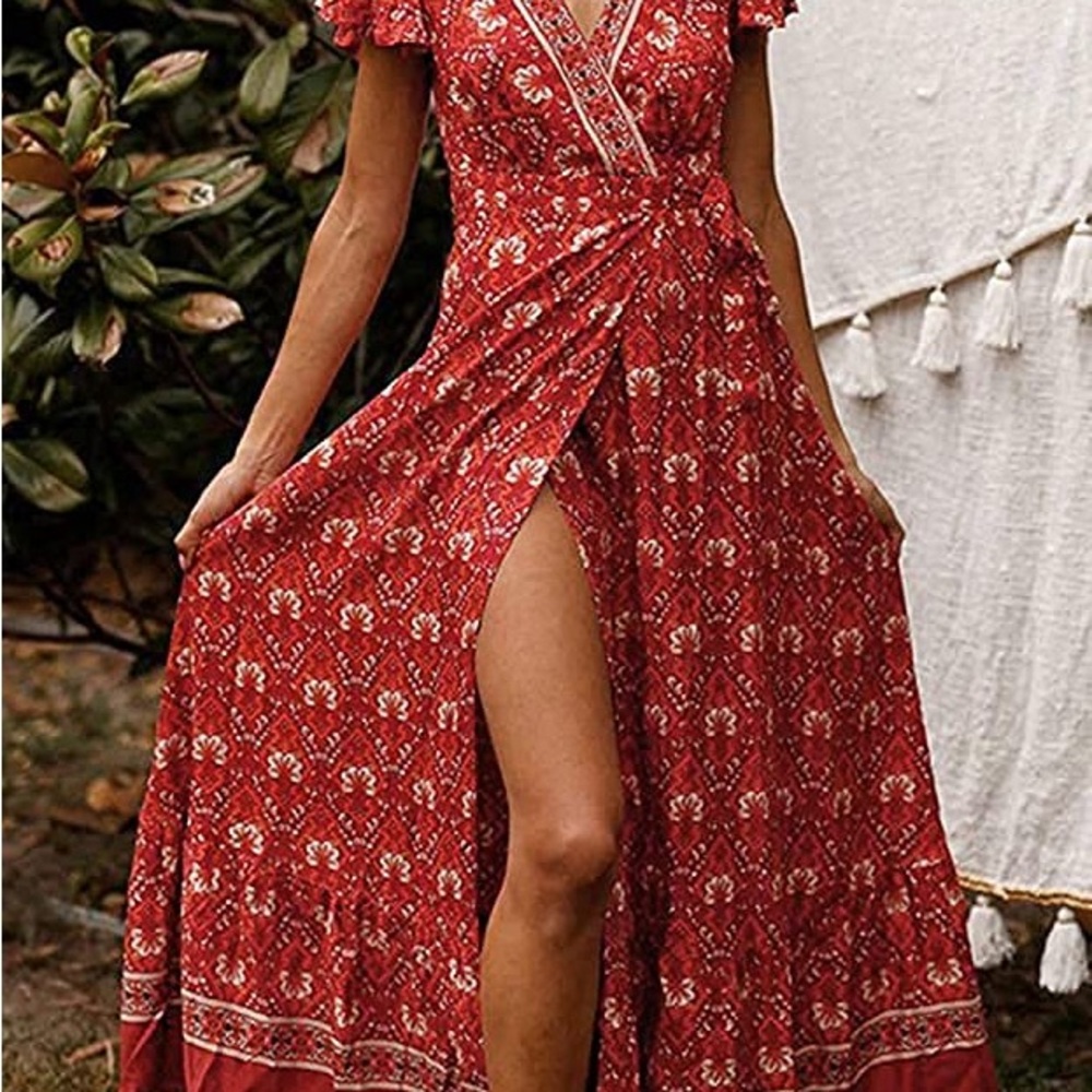 ZESICA Bohemian Floral Printed Wrap V Neck Short Sleeve Split Maxi Dress